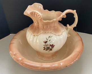 Vintage Dusty Rose Porcelain Pitcher and Basin