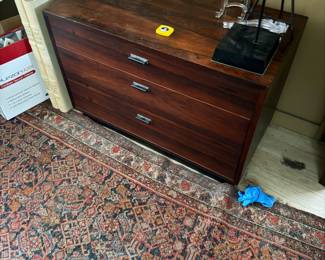 Lovely Rosewood Low Chest next to Antique Runner 3’3” x 12’3”, White Decorative Book Box