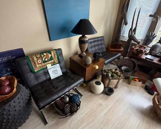 Pair of authentic and period Barcelona Chairs along with a Cheryl Riley Side table! Japanese Bronze Garden Stool and baskets