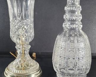 Lot 423  Large cut crystal vase, glass table lamp