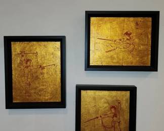 Lot 301h  3 vintage paper cut gold leaf female samurai art