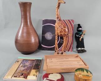 Lot 341  Ceramic vase, carved wood figure, wood trinket