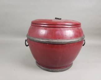 Lot 157  Antique Chinese ref lacquered wood rice lidded jar