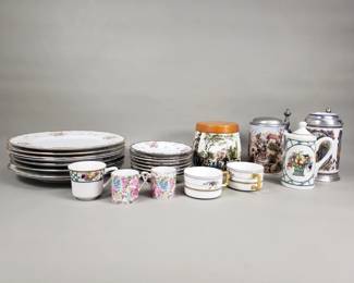 Lot 396  Box of porcelain and ceramic plates, tea caddy,