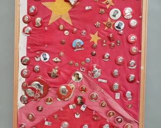 Lot 135  Collection of Mao Zedong China pins and flag