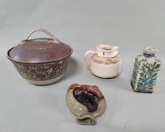 Lot 337  Vintage pottery covered bowl, signed pitcher, etc