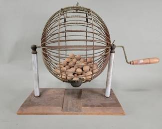 189  Lot 105  Vintage tabletop bingo cage spinner filled with