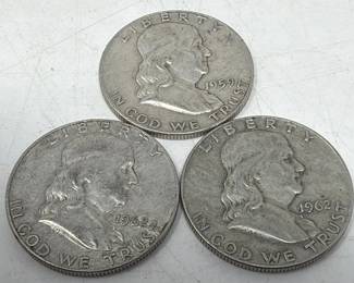Lot 93  Three silver Franklin Half dollar coins