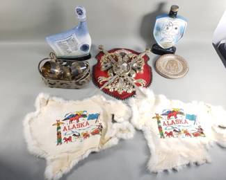 Lot 436  Box of misc decanters, leather decoration, wall