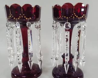 Lot 382  Pair of antique ruby red glass lustres with