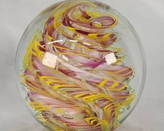 Lot 315h  Vintage pink  yellow handmade swirl paperweight