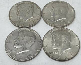 Lot 65  Four 1964 silver Kennedy half dollar coins