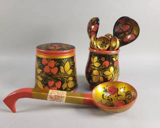 Lot 303  Group of Russian hand painted Khokhloma woodware