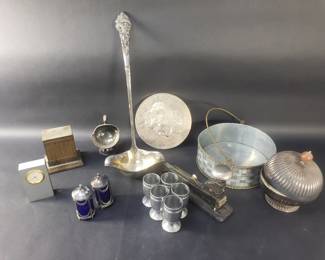 179  Lot 478  Box of silver plate, desk clock, lidded bowl,