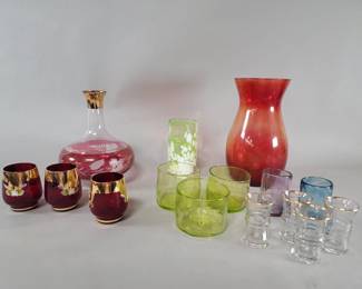 163  Lot 307  Hand blown glasses, decanter missing stopper,