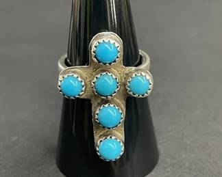Lot 612h  Vintage sterling silver cross ring with blue