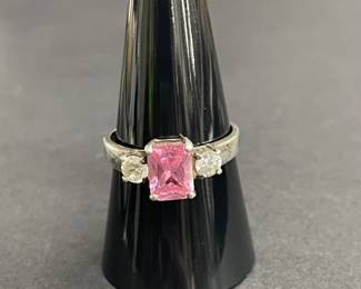 Lot 518h  Vintage sterling silver ring with pink and clear