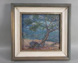 093  Lot 439  Vintage oil on canvas painting and info on verso