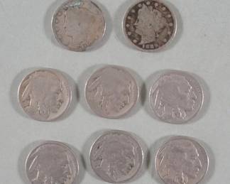 Lot 359  Six buffalo head nickles and two liberty head