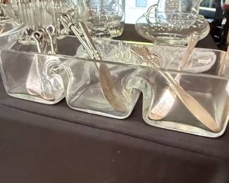 Mid-Century Three-Section Glass Relish Server with Silverplate Flatware