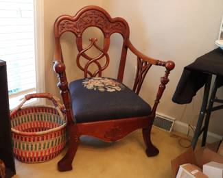 Chippendale Style Carved Mahogany Shied Back Chair with needlepoint Seat