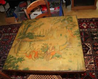 Antique 1920s folding Tilting card table with painted lithograph top