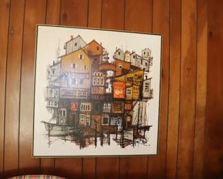 Vintage Mid Century Modernist Gary Hinte 'Cannery Row' Large Serigraph on Canvas