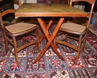 Antique 1920s folding Tilting card table with painted lithograph top