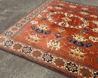 LARGE WOOL ORIENTAL AREA RUG WITH GEOMETRIC & FLORAL DESIGN