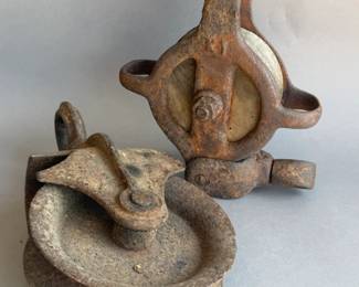 ANTIQUE HEAVY CAST IRON & WOOD PULLEYS