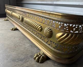 54" PIERCED BRASS FIREPLACE FENDER W PAW FEET