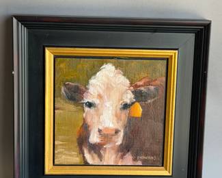 DENISE HAWKINS FRAMED OIL ON LINEN COW PORTRAIT