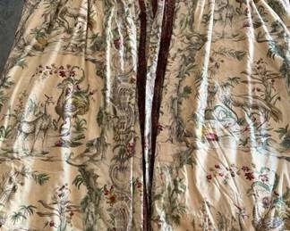 CUSTOM PLEATED CHINOISERIE SCENIC DRAPERY PANELS WITH FRINGE