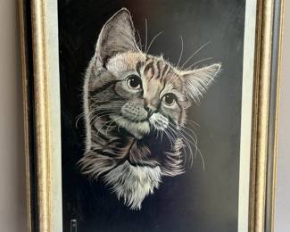 FRAMED METALLIC FOIL ENGRAVING OF A CAT HMB