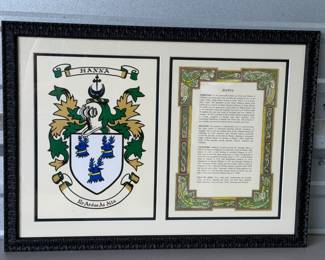 FRAMED HANNA FAMILY COAT OF ARMS & CERTIFICATE