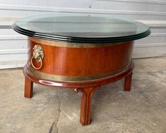 MAHOGANY & BRASS BOUND CELLARETTE WINE CELLAR TABLE WITH GLASS TOP