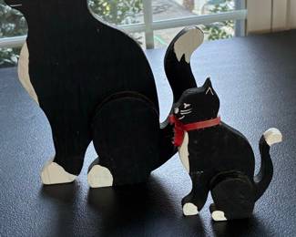 Vintage Folk Art Painted Wood Tuxedo Cat Pair with Ribbon Collar
