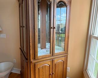 Oak Corner Curio Cabinet with Interior Lighting