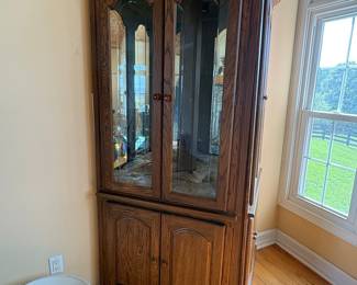 Oak Corner Curio Cabinet with Interior Lighting