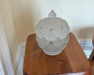 Vintage Westmoreland "Old Quilt" Pattern Frosted Glass Vanity Jar with Hand-Painted Floral Enamel