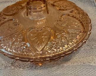 KIG Malaysia Pink Glass Candy Dish with Lid Hearts and Roses