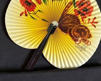 Vintage Cat and Butterfly Folding Hand Fan - People's Republic of China