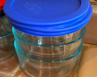 Pyrex Storage Round Glass Bowls with Blue Lids