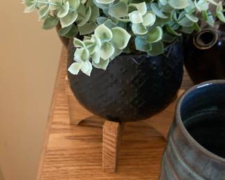 Artificial Eucalyptus Plant in Matte Black Ceramic Pot on Wood Stand