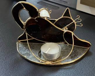 Stained Glass Cat and Mouse Votive Candle Holder