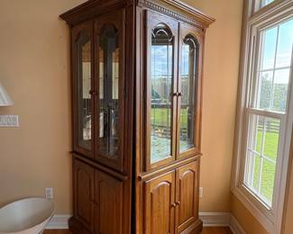 Oak Corner Curio Cabinet with Interior Lighting