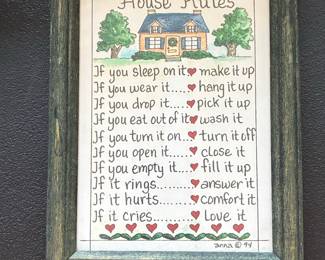 Vintage 1994 'House Rules' Cross-Stitch Sampler