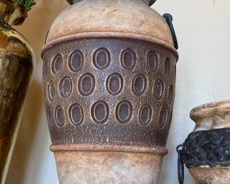 Vintage Terracotta Amphora Vase with Medallion Pattern and Metal Loops
