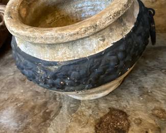 Antique Terracotta Cooking Pot with Applied Relief and Handle