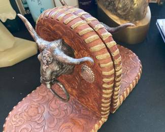 Vintage Tooled Leather and Cast Metal Steer Head Bookend
